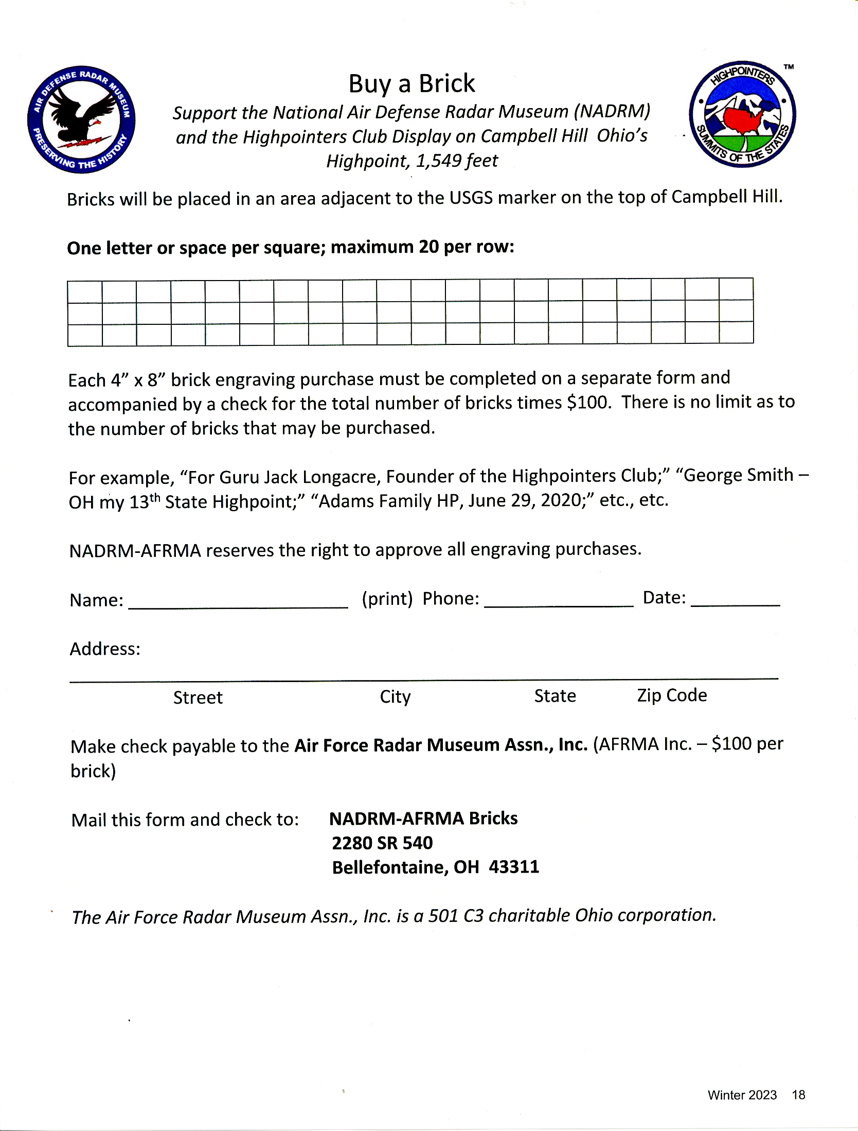 Highpointers Club Display and Brick Project at Campbell Hill, Ohio ...